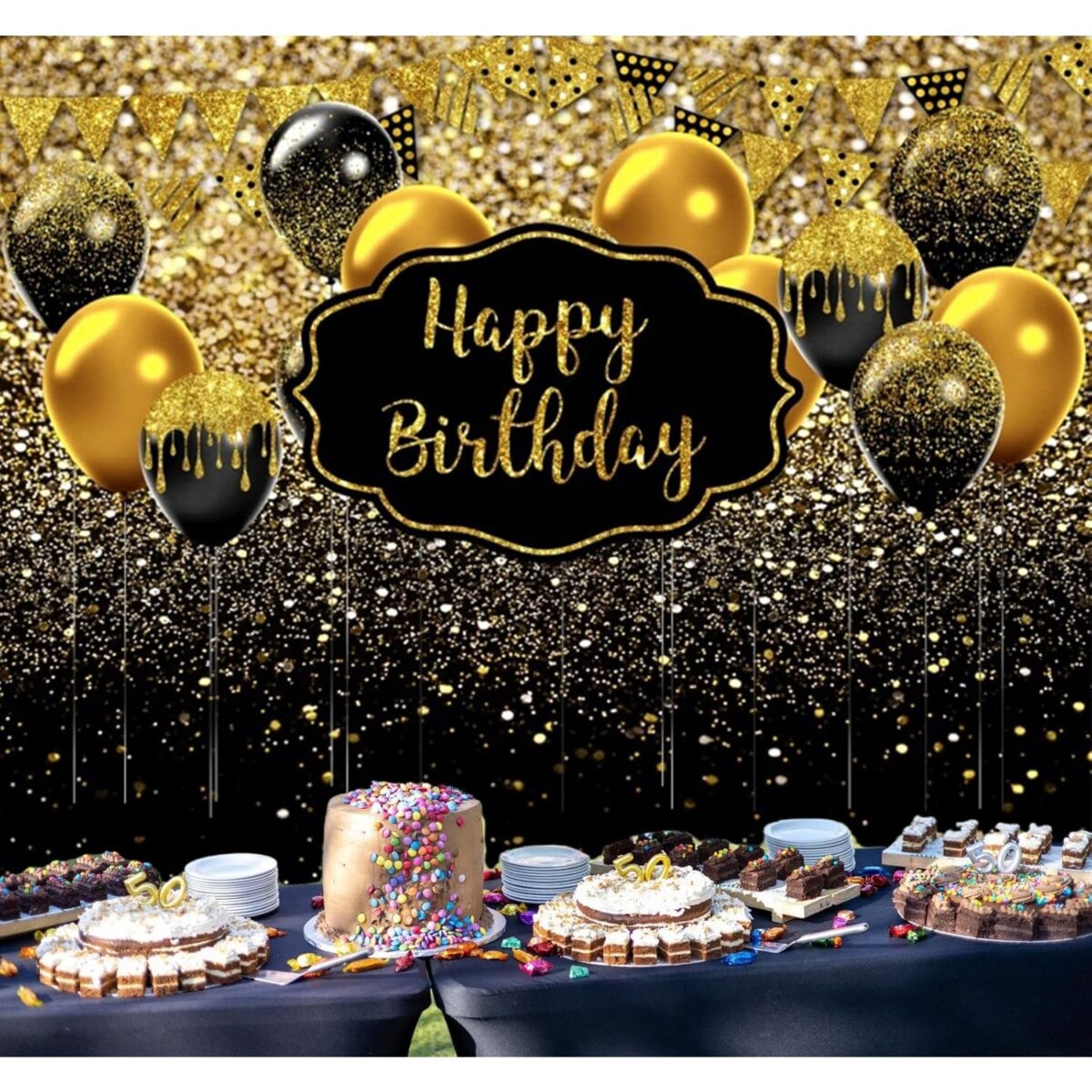Banner Tip Fundal pentru Poze, Embo, din Panza, 185 x 110 cm, Sfoara 6 m, Prindere in 4 Colturi, Negru/Auriu - imagine 2