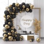 Baloane decorative pentru Nunta, Zi de Nastere, Evenimente, Embo, Arcada Set din 107 baloane, din latex, baloane cu confetii, Negru Auriu