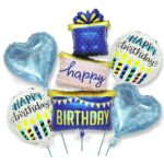 Baloane pentru aniversare, Embo, tematica Happy Birthday, set 5 baloane, 1 Cadouri, 2 inimi, 2 rotunde, din folie de aluminiu, pai de carton inclus, 60 x 124 cm Albastru