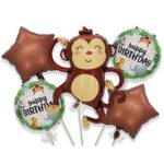 Baloane pentru aniversare, Embo, tematica Happy Birthday, set 5 baloane, 1 Maimuta 85 x 89 cm, 2 Stele, 2 Rotunde, din folie de aluminiu, pai de carton inclus, Maro