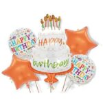 Baloane pentru aniversare, Embo, tematica Happy Birthday, set 5 baloane, 1 TORT 70 x 101 cm, 2 Stele, 2 Rotunde, din folie de aluminiu, pai de carton inclus, Portocaliu