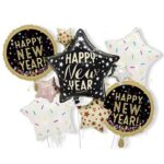 Baloane pentru aniversare, Embo, tematica Happy New Year, set 9 baloane, 1 Stea Mare 83 x 90 cm, 6 stele, 2 rotunde, din folie de aluminiu, pai de carton inclus, Negru