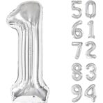 Balon din Folie Metalizata, Embo, Figurina Cifra, Tema Aniversare 100 cm, Ambalaj Individual, Pai inclus, Umflare cu Aer sau Heliu, Argintiu, Cifra 1 - imagine 4