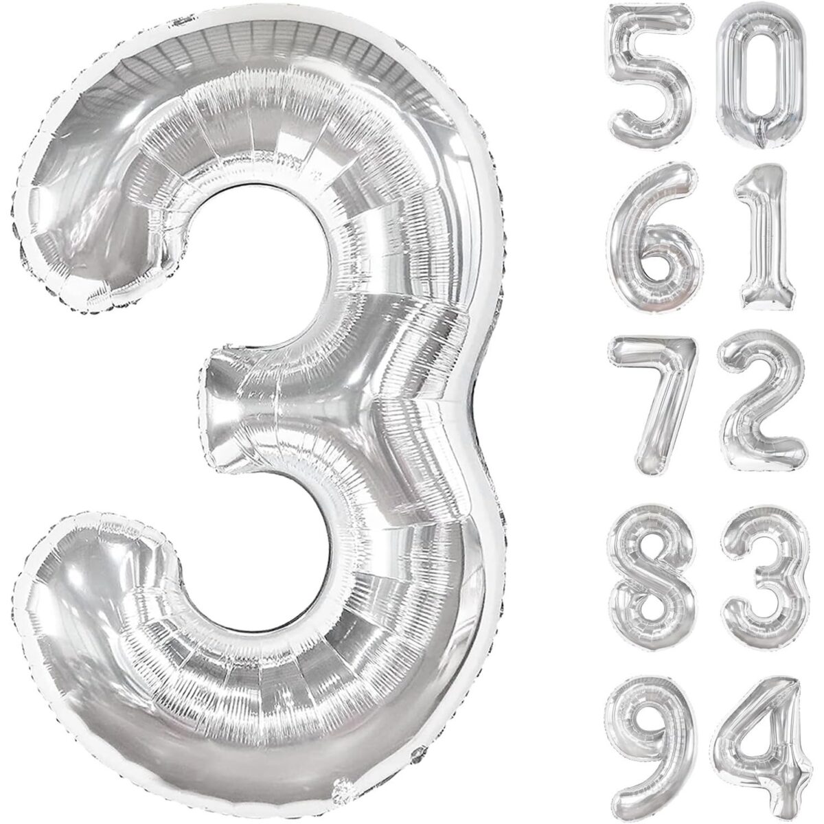 Balon din Folie Metalizata, Embo, Figurina Cifra, Tema Aniversare 100 cm, Ambalaj Individual, Pai inclus, Umflare cu Aer sau Heliu, Argintiu, Cifra 3 - imagine 2