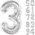Balon din Folie Metalizata, Embo, Figurina Cifra, Tema Aniversare 100 cm, Ambalaj Individual, Pai inclus, Umflare cu Aer sau Heliu, Argintiu, Cifra 3 - imagine 2