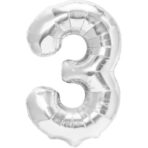 Balon din Folie Metalizata, Embo, Figurina Cifra, Tema Aniversare 100 cm, Ambalaj Individual, Pai inclus, Umflare cu Aer sau Heliu, Argintiu, Cifra 3