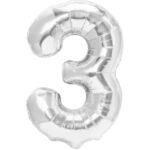 Balon din Folie Metalizata, Embo, Figurina Cifra, Tema Aniversare 100 cm, Ambalaj Individual, Pai inclus, Umflare cu Aer sau Heliu, Argintiu, Cifra 3