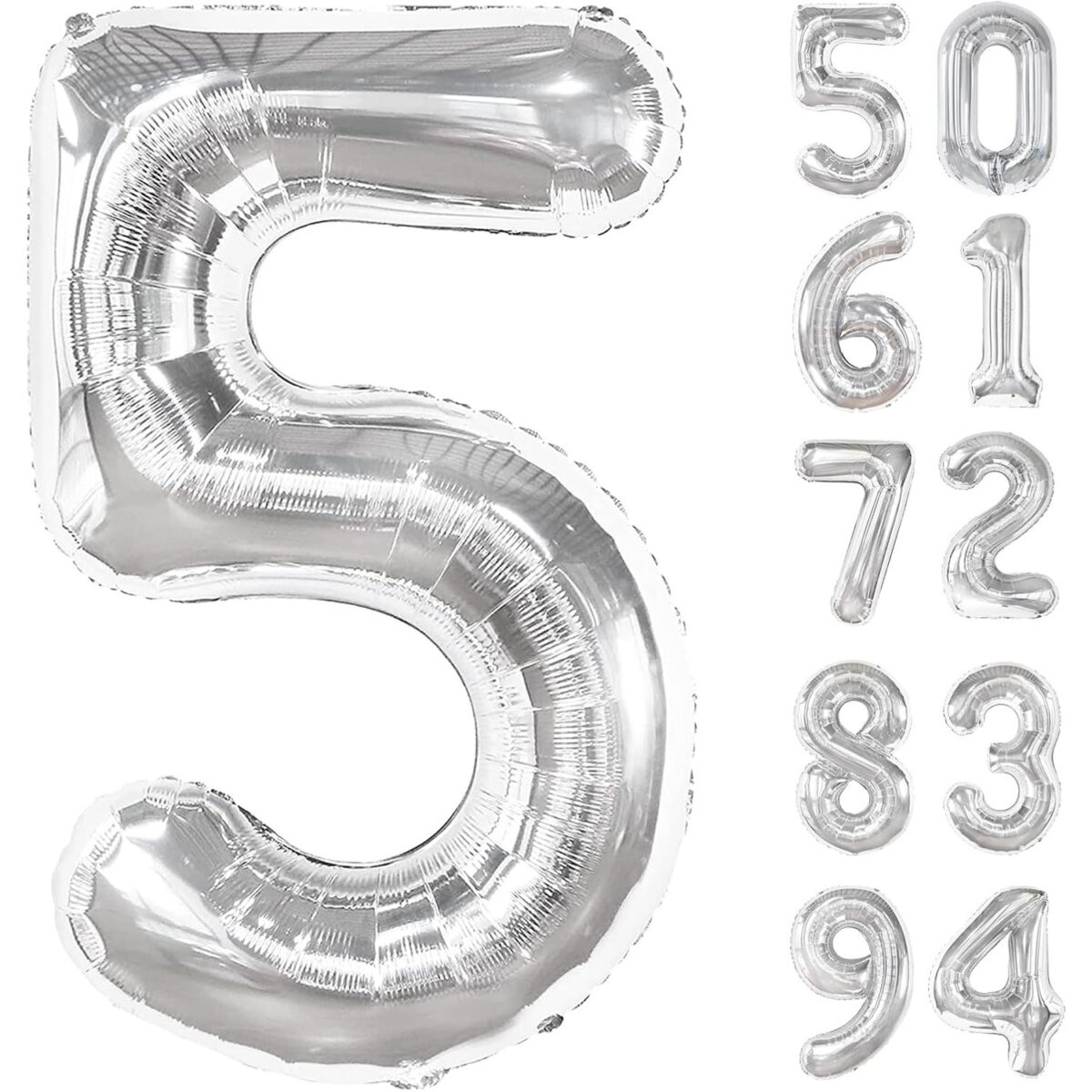 Balon din Folie Metalizata, Embo, Figurina Cifra, Tema Aniversare 100 cm, Ambalaj Individual, Pai inclus, Umflare cu Aer sau Heliu, Argintiu, Cifra 5 - imagine 4