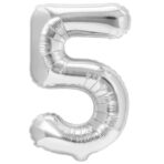 Balon din Folie Metalizata, Embo, Figurina Cifra, Tema Aniversare 100 cm, Ambalaj Individual, Pai inclus, Umflare cu Aer sau Heliu, Argintiu, Cifra 5