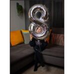 Balon din Folie Metalizata, Embo, Figurina Cifra, Tema Aniversare 100 cm, Ambalaj Individual, Pai inclus, Umflare cu Aer sau Heliu, Argintiu, Cifra 8 - imagine 4