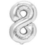 Balon din Folie Metalizata, Embo, Figurina Cifra, Tema Aniversare 100 cm, Ambalaj Individual, Pai inclus, Umflare cu Aer sau Heliu, Argintiu, Cifra 8