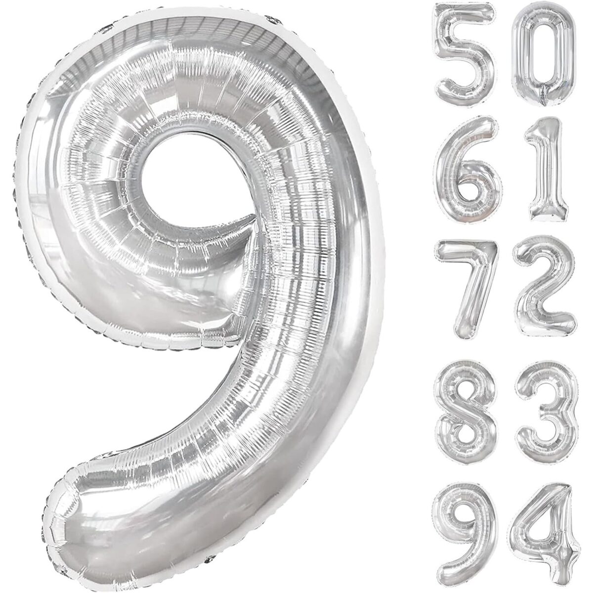 Balon din Folie Metalizata, Embo, Figurina Cifra, Tema Aniversare 100 cm, Ambalaj Individual, Pai inclus, Umflare cu Aer sau Heliu, Argintiu, Cifra 9 - imagine 4