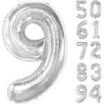Balon din Folie Metalizata, Embo, Figurina Cifra, Tema Aniversare 100 cm, Ambalaj Individual, Pai inclus, Umflare cu Aer sau Heliu, Argintiu, Cifra 9 - imagine 4
