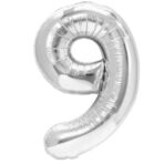 Balon din Folie Metalizata, Embo, Figurina Cifra, Tema Aniversare 100 cm, Ambalaj Individual, Pai inclus, Umflare cu Aer sau Heliu, Argintiu, Cifra 9
