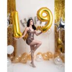 Balon din Folie Metalizata Embo, Figurina Cifra, Tema Aniversare 100 cm, Ambalaj Individual, Pai inclus, Umflare cu Aer sau Heliu, Auriu, Cifra 9 - imagine 6