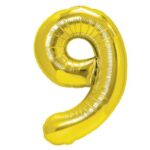 Balon din Folie Metalizata Embo, Figurina Cifra, Tema Aniversare 100 cm, Ambalaj Individual, Pai inclus, Umflare cu Aer sau Heliu, Auriu, Cifra 9