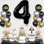 Balon din Folie Metalizata, Embo, Figurina Cifra, Tema Aniversare 100 cm, Ambalaj Individual, Pai inclus, Umflare cu Aer sau Heliu, Negru, Cifra 4 - imagine 6