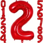 Balon din Folie Metalizata Embo, Figurina Cifra, Tema Aniversare 100 cm, Ambalaj Individual, Pai inclus, Umflare cu Aer sau Heliu, Rosu, Cifra 2 - imagine 3