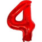 Balon din Folie Metalizata Embo, Figurina Cifra, Tema Aniversare 100 cm, Ambalaj Individual, Pai inclus, Umflare cu Aer sau Heliu, Rosu, Cifra 4