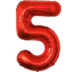 Balon din Folie Metalizata Embo, Figurina Cifra, Tema Aniversare 100 cm, Ambalaj Individual, Pai inclus, Umflare cu Aer sau Heliu, Rosu, Cifra 5