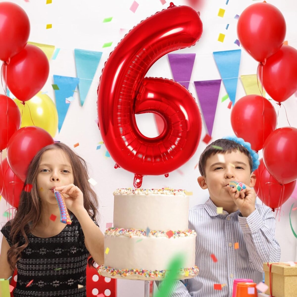 Balon din Folie Metalizata Embo, Figurina Cifra, Tema Aniversare 100 cm, Ambalaj Individual, Pai inclus, Umflare cu Aer sau Heliu, Rosu, Cifra 6 - imagine 4