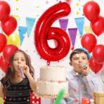Balon din Folie Metalizata Embo, Figurina Cifra, Tema Aniversare 100 cm, Ambalaj Individual, Pai inclus, Umflare cu Aer sau Heliu, Rosu, Cifra 6 - imagine 4