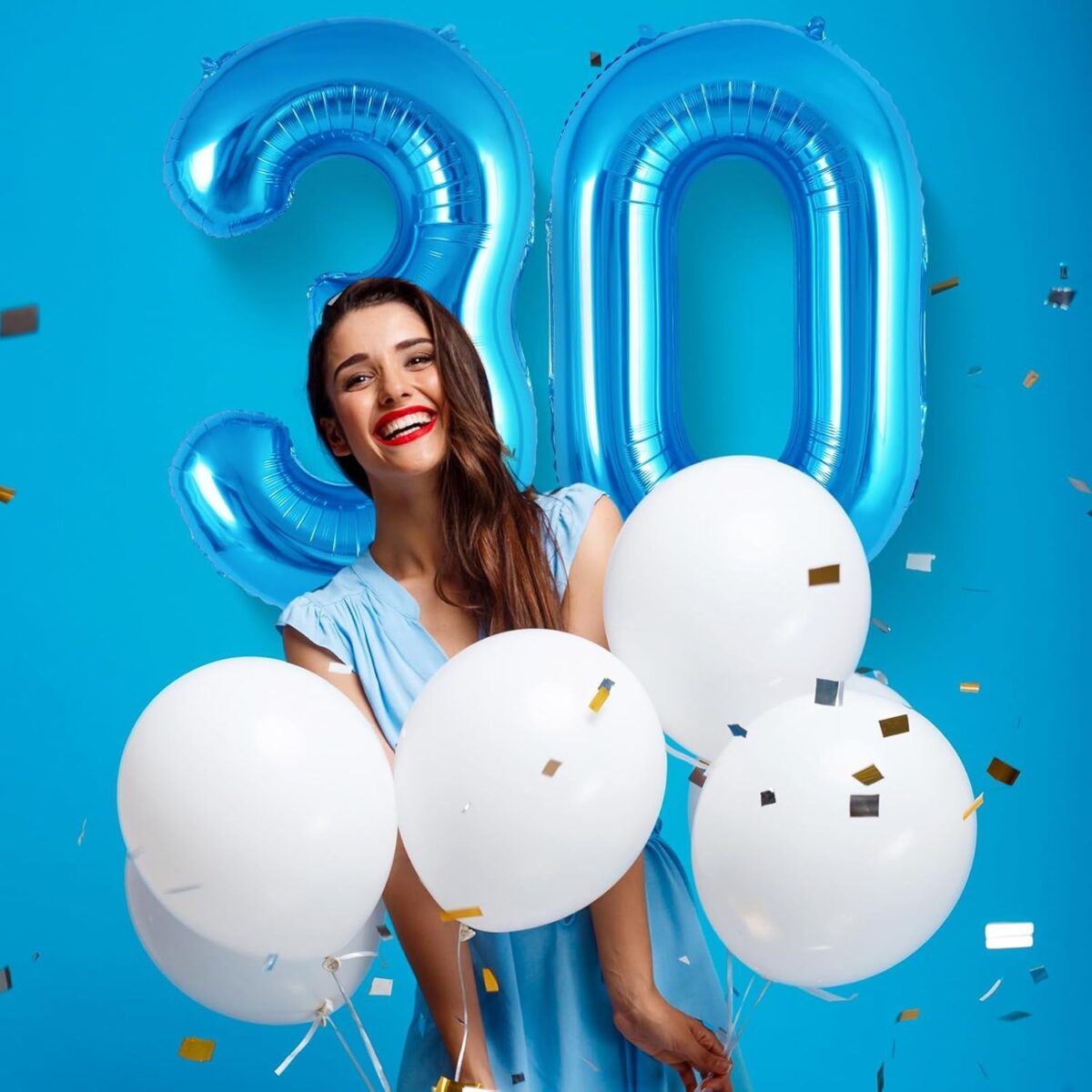 Balon din Folie Metalizata, Embo, Figurina Cifra, Tema Aniversare 40 cm, Ambalaj Individual, Pai inclus, Umflare cu Aer sau Heliu, Albastru, Cifra 0 - imagine 2