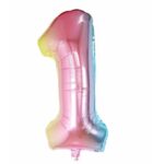 Balon din Folie Metalizata Embo, Figurina Cifra Gradient, Tema Aniversare 40 cm, Ambalaj Individual, Pai inclus, Umflare cu Aer sau Heliu, Multicolor, Cifra 1