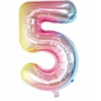Balon din Folie Metalizata Embo, Figurina Cifra, Tema Aniversare 40 cm, Ambalaj Individual, Pai inclus, Umflare cu Aer sau Heliu, Multicolor, Cifra 5