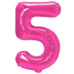 Balon din Folie Metalizata Embo, Figurina Cifra, Tema Aniversare 80 cm, Ambalaj Individual, Pai inclus, Umflare cu Aer sau Heliu, Roz, Cifra 5
