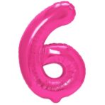 Balon din Folie Metalizata Embo, Figurina Cifra, Tema Aniversare 80 cm, Ambalaj Individual, Pai inclus, Umflare cu Aer sau Heliu, Roz, Cifra 6