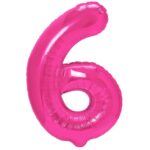 Balon din Folie Metalizata Embo, Figurina Cifra, Tema Aniversare 80 cm, Ambalaj Individual, Pai inclus, Umflare cu Aer sau Heliu, Roz, Cifra 6
