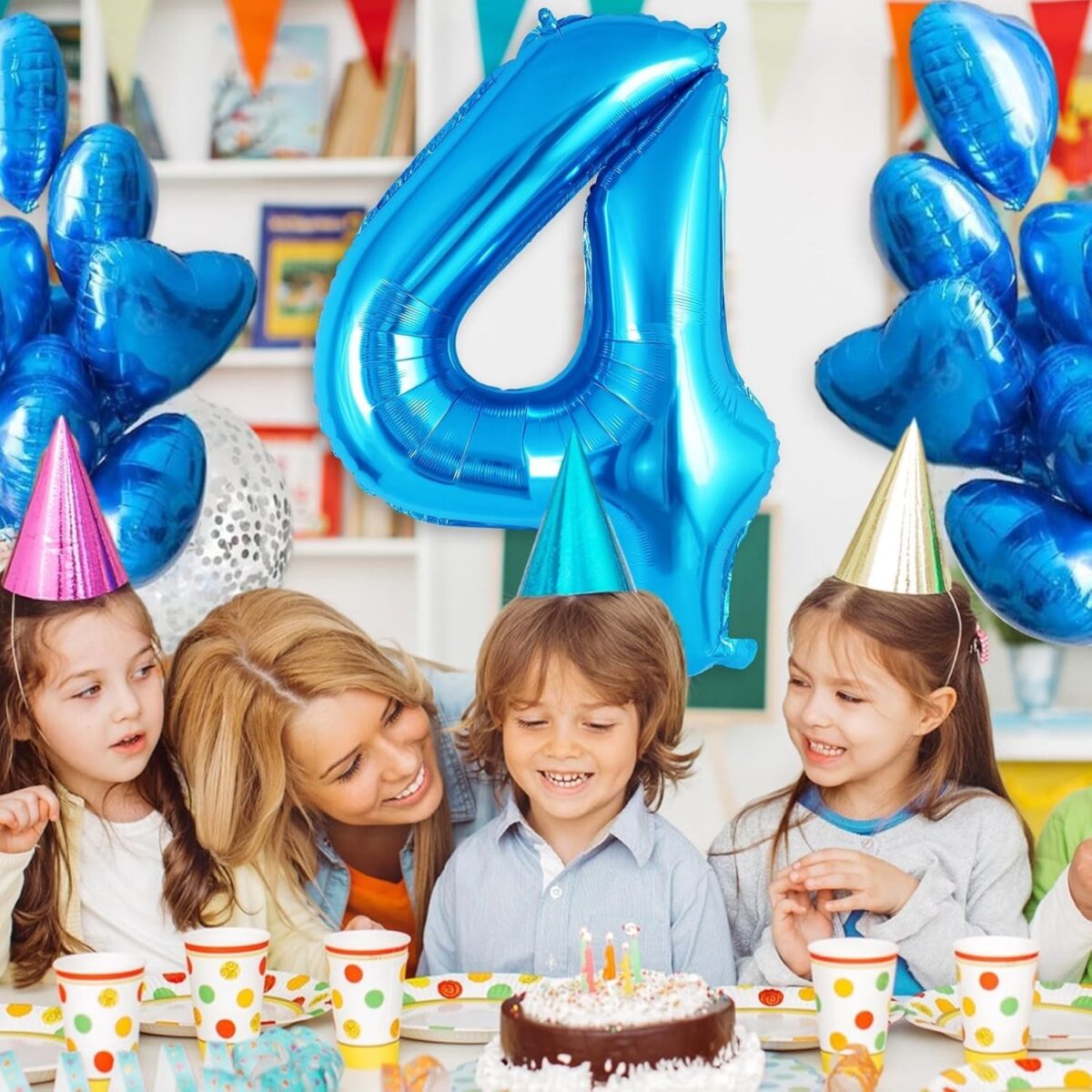 Balon din Folie Metalizata, Embo, Figurina Cifra, Tema Aniversare 100 cm, Ambalaj Individual, Pai inclus, Umflare cu Aer sau Heliu, Albastru, Cifra 4 - imagine 4