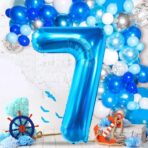 Balon din Folie Metalizata, Embo, Figurina Cifra, Tema Aniversare 100 cm, Ambalaj Individual, Pai inclus, Umflare cu Aer sau Heliu, Albastru, Cifra 7 - imagine 4