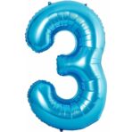 Balon din Folie Metalizata Embo, Figurina Cifra si Coroana, Tema Aniversare 100 cm, Ambalaj Individual, Pai inclus, Umflare cu Aer sau Heliu, Albastru, Cifra 3 - imagine 2