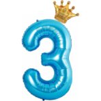 Balon din Folie Metalizata Embo, Figurina Cifra si Coroana, Tema Aniversare 100 cm, Ambalaj Individual, Pai inclus, Umflare cu Aer sau Heliu, Albastru, Cifra 3 - imagine 3
