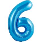Balon din Folie Metalizata Embo, Figurina Cifra si Coroana, Tema Aniversare 100 cm, Ambalaj Individual, Pai inclus, Umflare cu Aer sau Heliu, Albastru, Cifra 6 - imagine 2