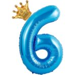 Balon din Folie Metalizata Embo, Figurina Cifra si Coroana, Tema Aniversare 100 cm, Ambalaj Individual, Pai inclus, Umflare cu Aer sau Heliu, Albastru, Cifra 6 - imagine 3