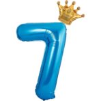 Balon din Folie Metalizata Embo, Figurina Cifra si Coroana, Tema Aniversare 100 cm, Ambalaj Individual, Pai inclus, Umflare cu Aer sau Heliu, Albastru, Cifra 7 - imagine 3