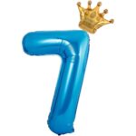 Balon din Folie Metalizata Embo, Figurina Cifra si Coroana, Tema Aniversare 100 cm, Ambalaj Individual, Pai inclus, Umflare cu Aer sau Heliu, Albastru, Cifra 7