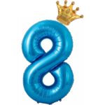 Balon din Folie Metalizata Embo, Figurina Cifra si Coroana, Tema Aniversare 100 cm, Ambalaj Individual, Pai inclus, Umflare cu Aer sau Heliu, Albastru, Cifra 8