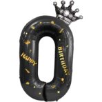 Balon din Folie Metalizata Embo, Figurina Cifra si Coroana, Scris Happy Birthday, Tema Aniversare 100 cm, Ambalaj Individual, Pai inclus, Umflare cu Aer sau Heliu, Negru, Cifra 0