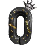 Balon din Folie Metalizata Embo, Figurina Cifra si Coroana, Scris Happy Birthday, Tema Aniversare 100 cm, Ambalaj Individual, Pai inclus, Umflare cu Aer sau Heliu, Negru, Cifra 0