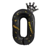 Balon din Folie Metalizata Embo, Figurina Cifra si Coroana, Scris Happy Birthday, Tema Aniversare 100 cm, Ambalaj Individual, Pai inclus, Umflare cu Aer sau Heliu, Negru, Cifra 0 - imagine 7