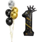 Balon din Folie Metalizata Embo, Figurina Cifra si Coroana, Scris Happy Birthday, Tema Aniversare 100 cm, Ambalaj Individual, Pai inclus, Umflare cu Aer sau Heliu, Negru, Cifra 1 - imagine 3