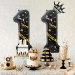 Balon din Folie Metalizata Embo, Figurina Cifra si Coroana, Scris Happy Birthday, Tema Aniversare 100 cm, Ambalaj Individual, Pai inclus, Umflare cu Aer sau Heliu, Negru, Cifra 1 - imagine 4