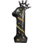 Balon din Folie Metalizata Embo, Figurina Cifra si Coroana, Scris Happy Birthday, Tema Aniversare 100 cm, Ambalaj Individual, Pai inclus, Umflare cu Aer sau Heliu, Negru, Cifra 1
