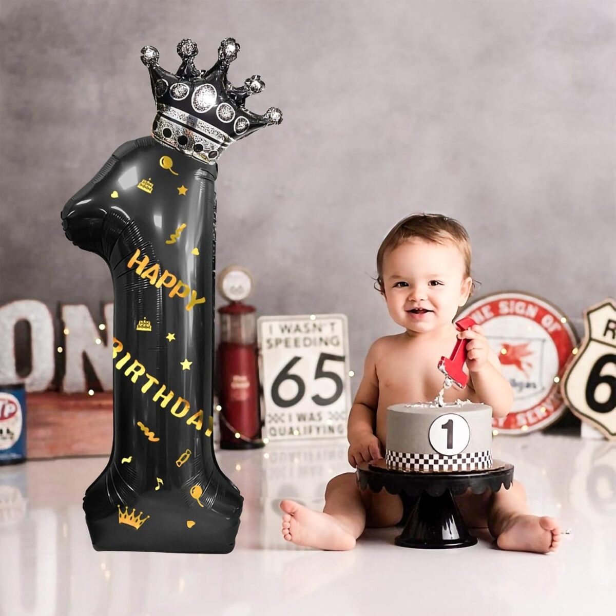 Balon din Folie Metalizata Embo, Figurina Cifra si Coroana, Scris Happy Birthday, Tema Aniversare 100 cm, Ambalaj Individual, Pai inclus, Umflare cu Aer sau Heliu, Negru, Cifra 1 - imagine 9