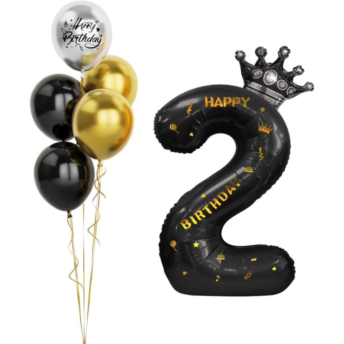 Balon din Folie Metalizata Embo, Figurina Cifra si Coroana, Scris Happy Birthday, Tema Aniversare 100 cm, Ambalaj Individual, Pai inclus, Umflare cu Aer sau Heliu, Negru, Cifra 2 - imagine 3