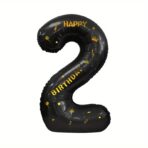 Balon din Folie Metalizata Embo, Figurina Cifra si Coroana, Scris Happy Birthday, Tema Aniversare 100 cm, Ambalaj Individual, Pai inclus, Umflare cu Aer sau Heliu, Negru, Cifra 2 - imagine 6